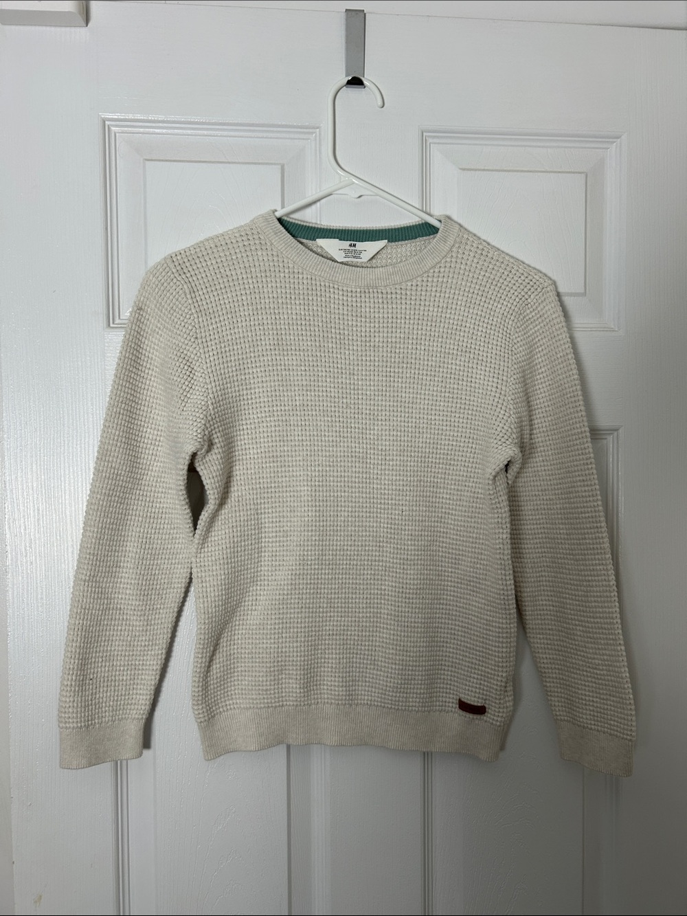 H&M Cream Waffle-Knit Crewneck Sweater with Subtle Patch